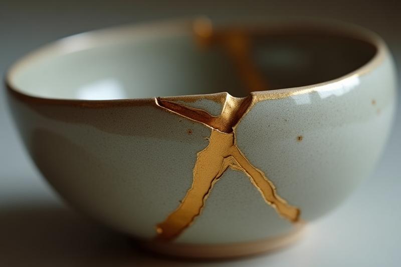 金継ぎで修復された陶器のクローズアップ、金色の線が割れ目を強調しています。