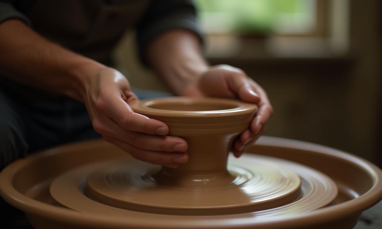 Potter's hands shaping clay on a pottery wheel