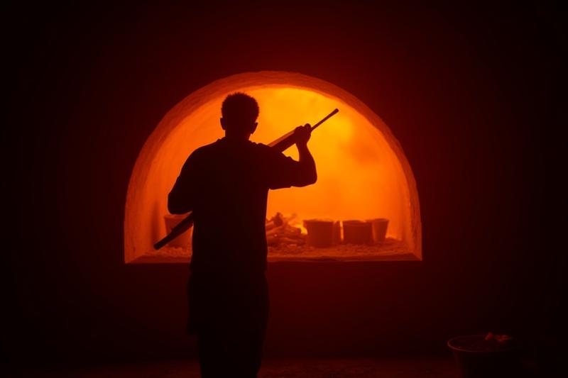  Kisetsu Ceramicsの職人が伝統的な穴窯に薪をくべている様子。炎が燃え盛る内部が覗いている。