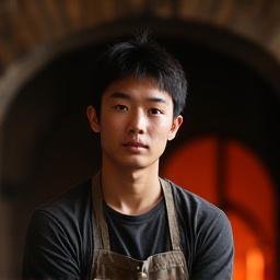 Kisetsu Ceramicsの若手職人、佐藤健太の真剣なまなざしのポートレート。薪窯の前に立つ。