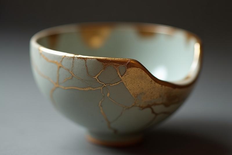 金継ぎによって修復された美しい日本の陶器。金色のラインがひび割れを芸術的に繋いでいる。