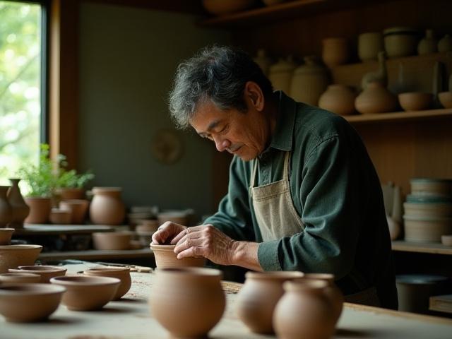 Kisetsu Ceramicsの創設者、田中啓介が初期の工房で陶器を制作している様子。木々の緑豊かな金沢の風景が背景にある。